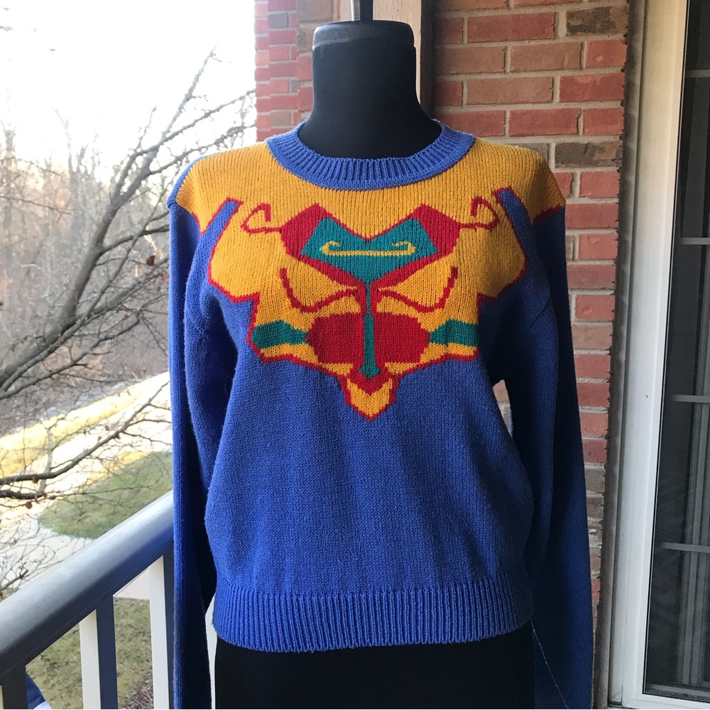 Vintage 80’s Geometric Knit Sweater Ladies Size Small Pullover Jumper Crewneck